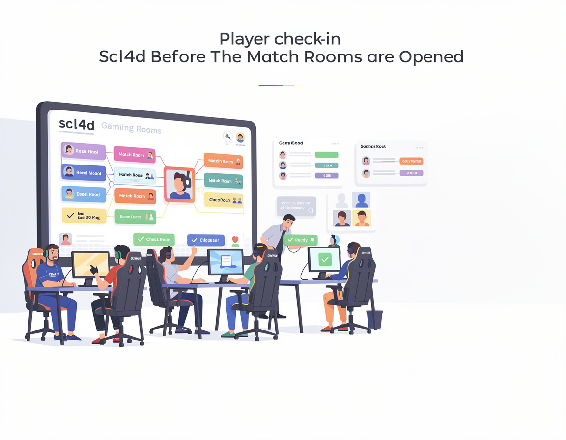 Ilustrasi alur check-in match sebelum room dibuka untuk turnamen game online scl4d dengan bracket dan room match